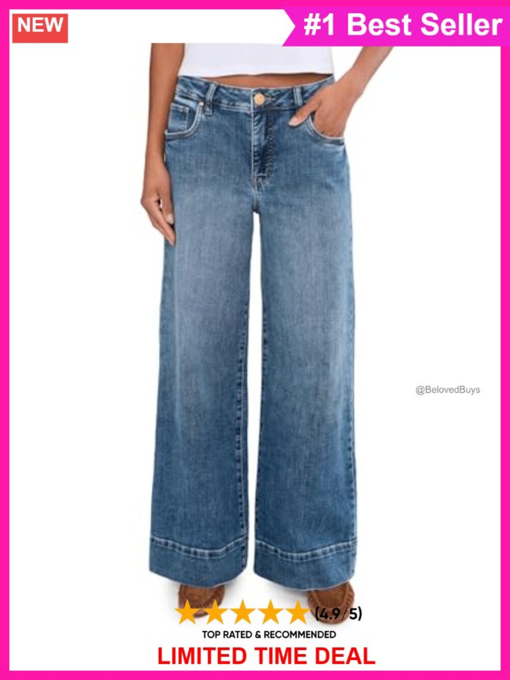 High-Rise Wide Leg Jeans Relaxed Fit Five Pocket Cotton Blend Denim
